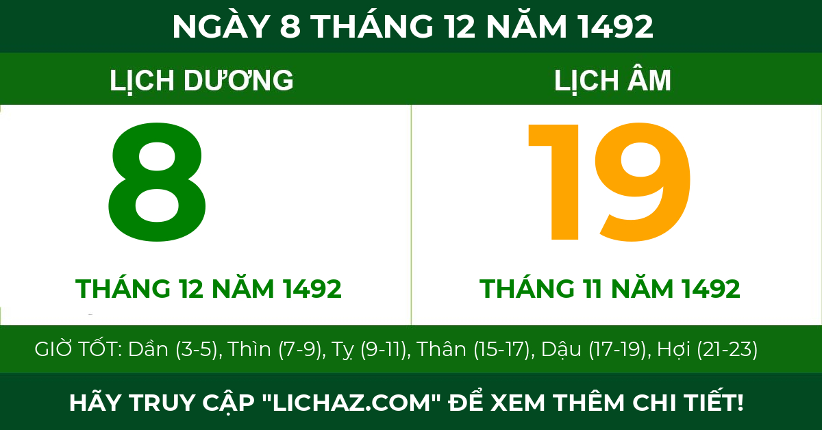 lịch âm ngày 8 tháng 12 năm 1492