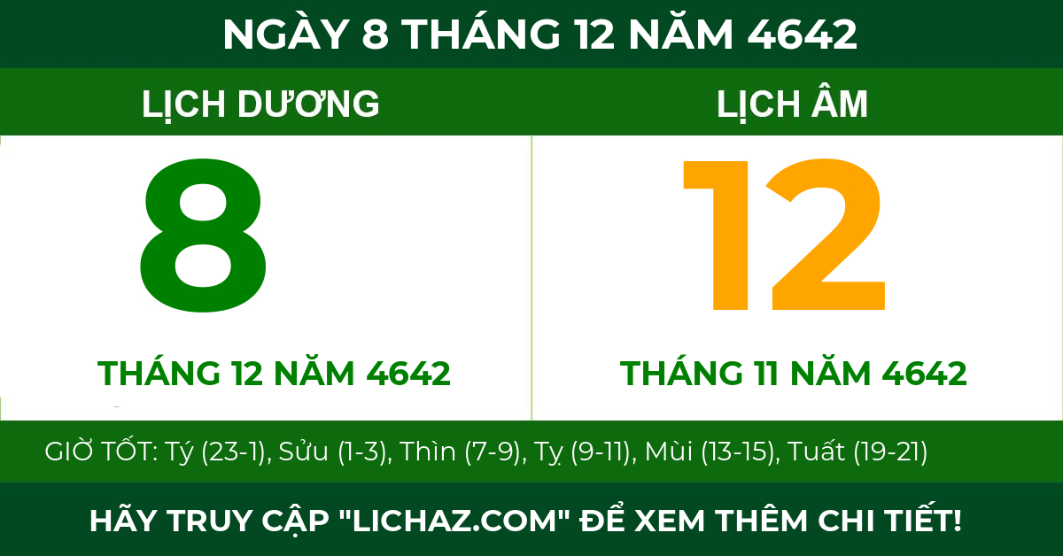 lịch âm ngày 8 tháng 12 năm 4642