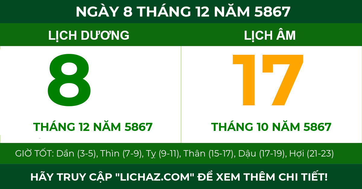 lịch âm ngày 8 tháng 12 năm 5867