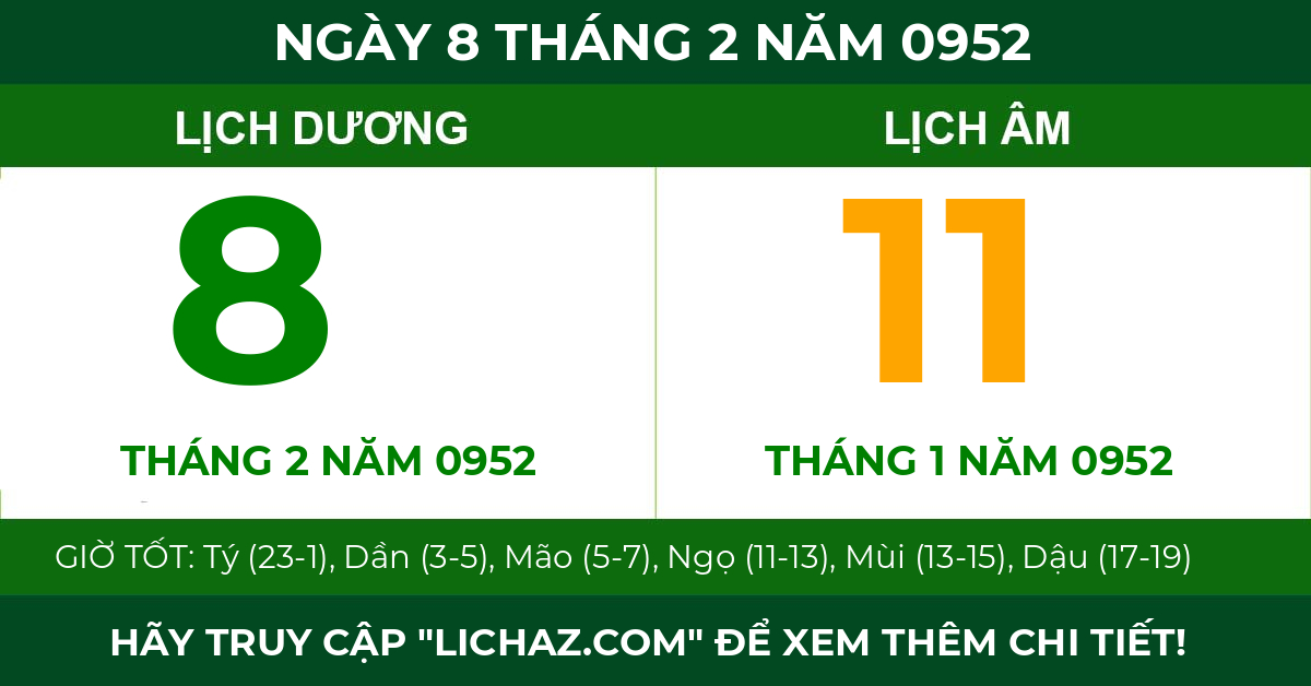lịch âm ngày 8 tháng 2 năm 0952