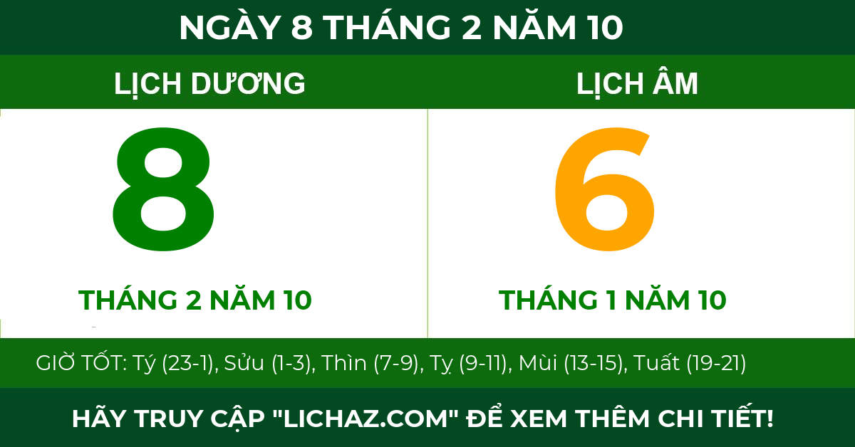 lịch âm ngày 8 tháng 2 năm 10
