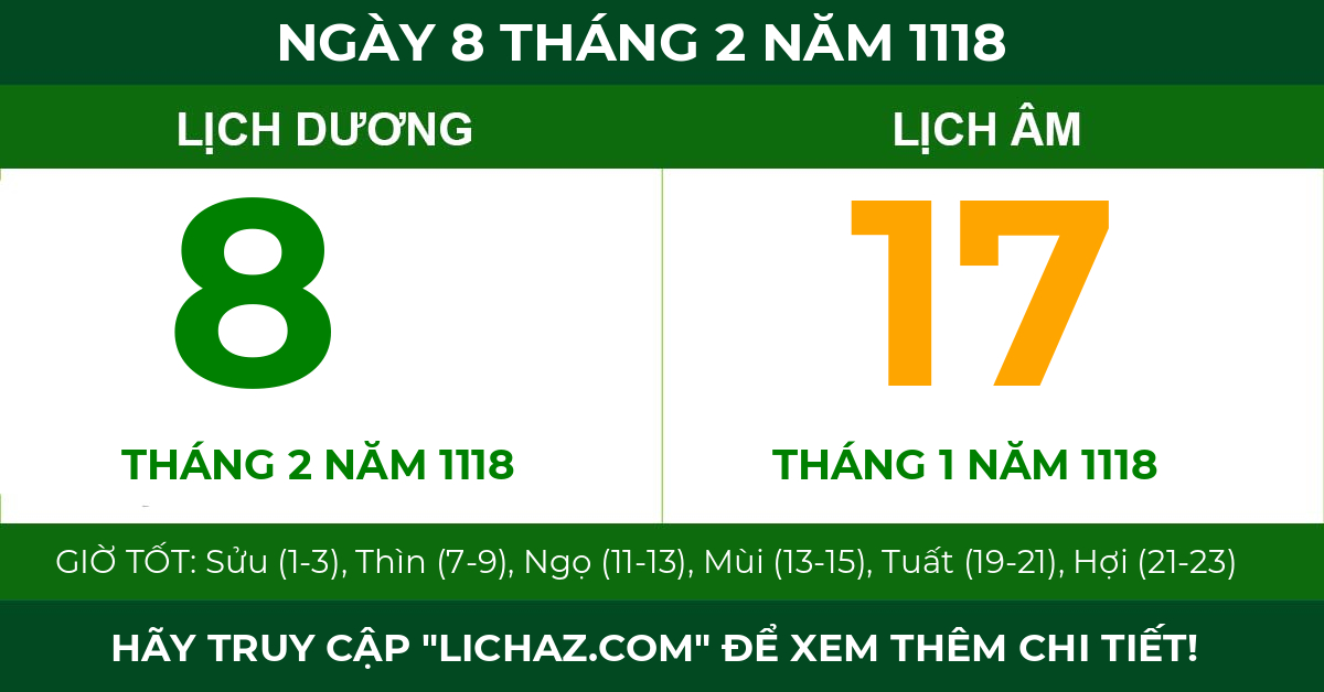 lịch âm ngày 8 tháng 2 năm 1118