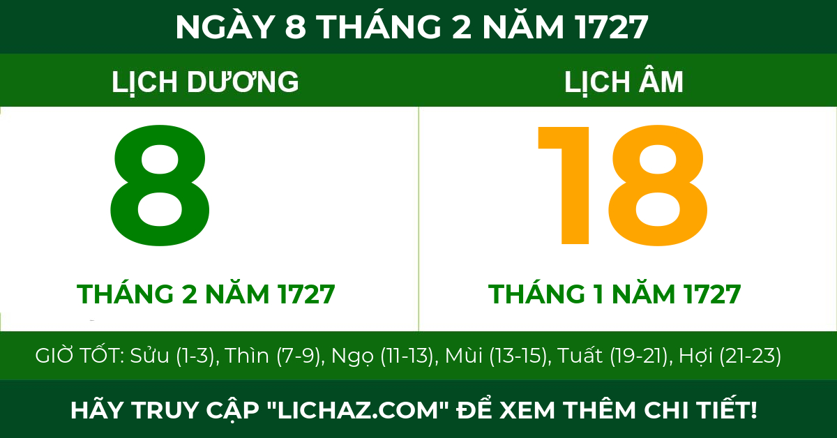 lịch âm ngày 8 tháng 2 năm 1727