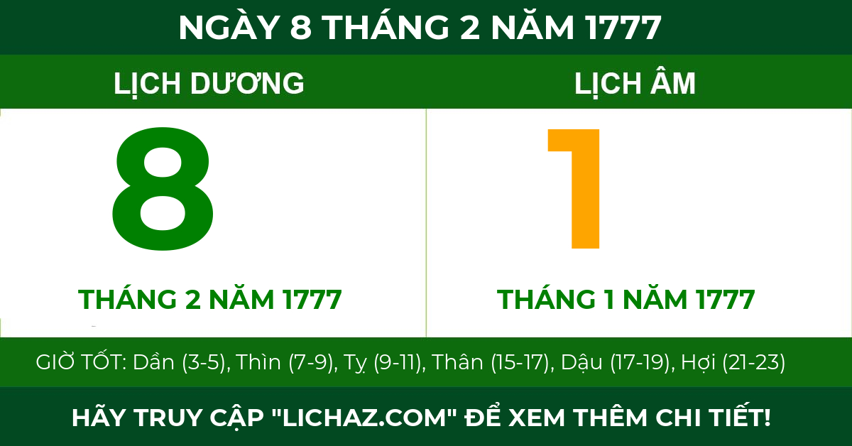 lịch âm ngày 8 tháng 2 năm 1777