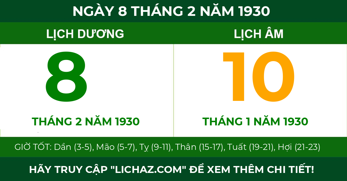 lịch âm ngày 8 tháng 2 năm 1930