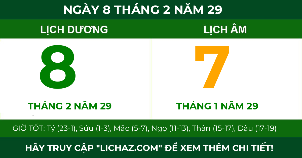lịch âm ngày 8 tháng 2 năm 29