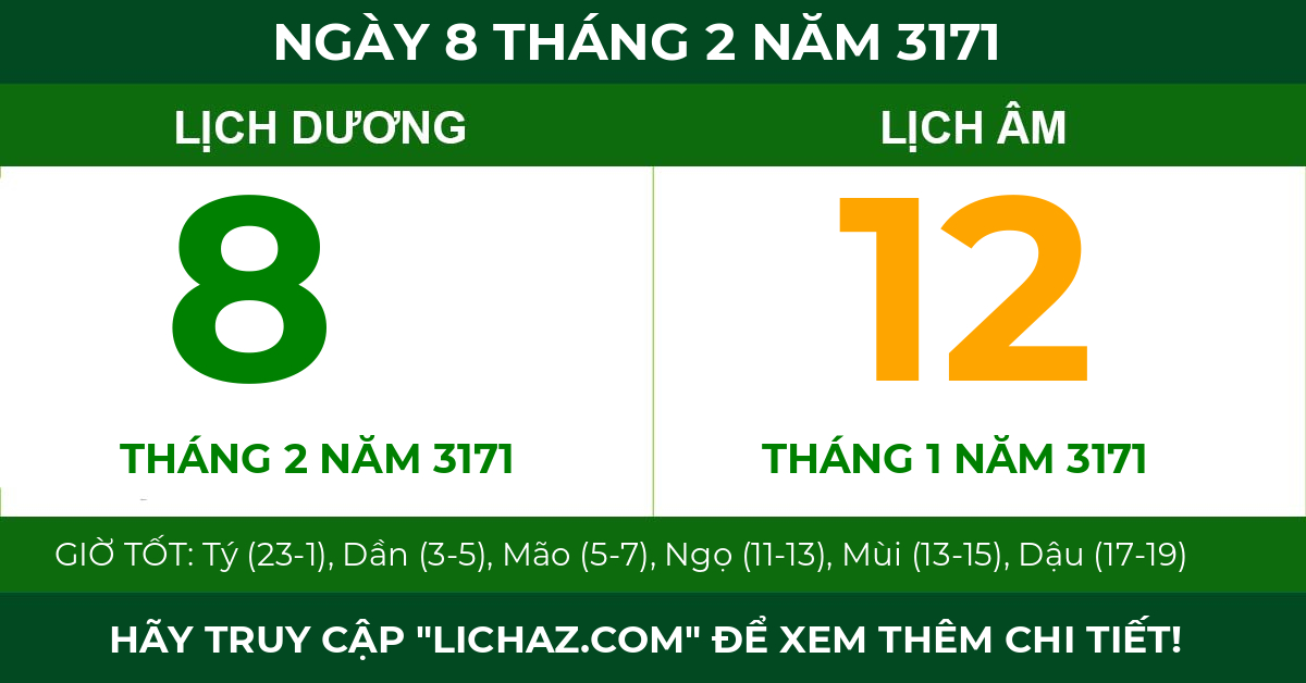 lịch âm ngày 8 tháng 2 năm 3171