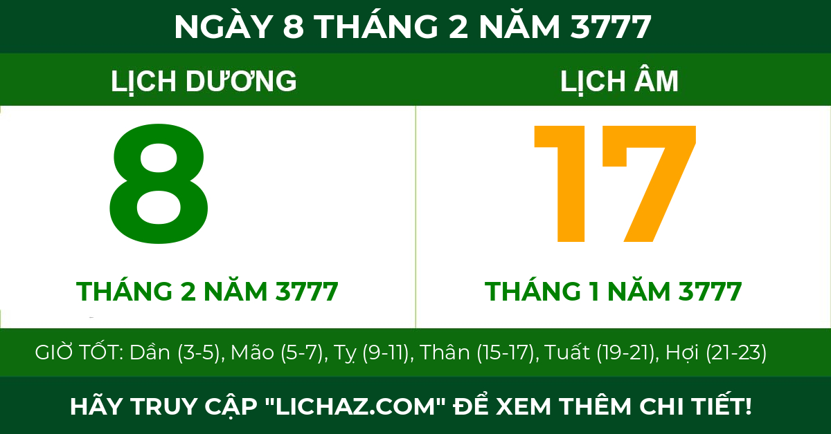 lịch âm ngày 8 tháng 2 năm 3777