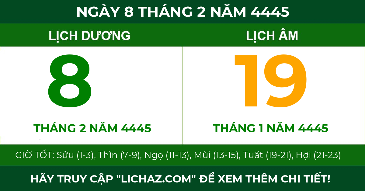 lịch âm ngày 8 tháng 2 năm 4445