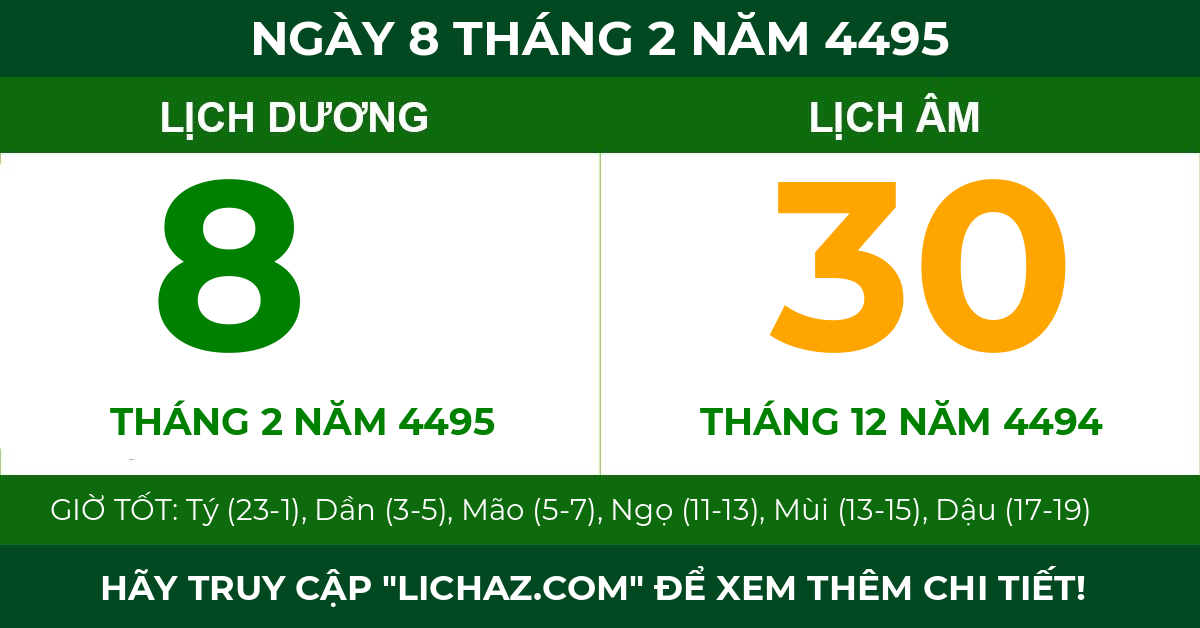 lịch âm ngày 8 tháng 2 năm 4495