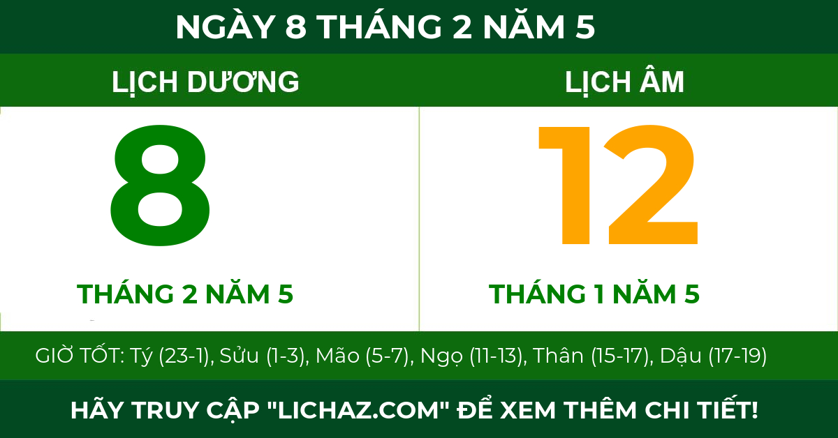 lịch âm ngày 8 tháng 2 năm 5