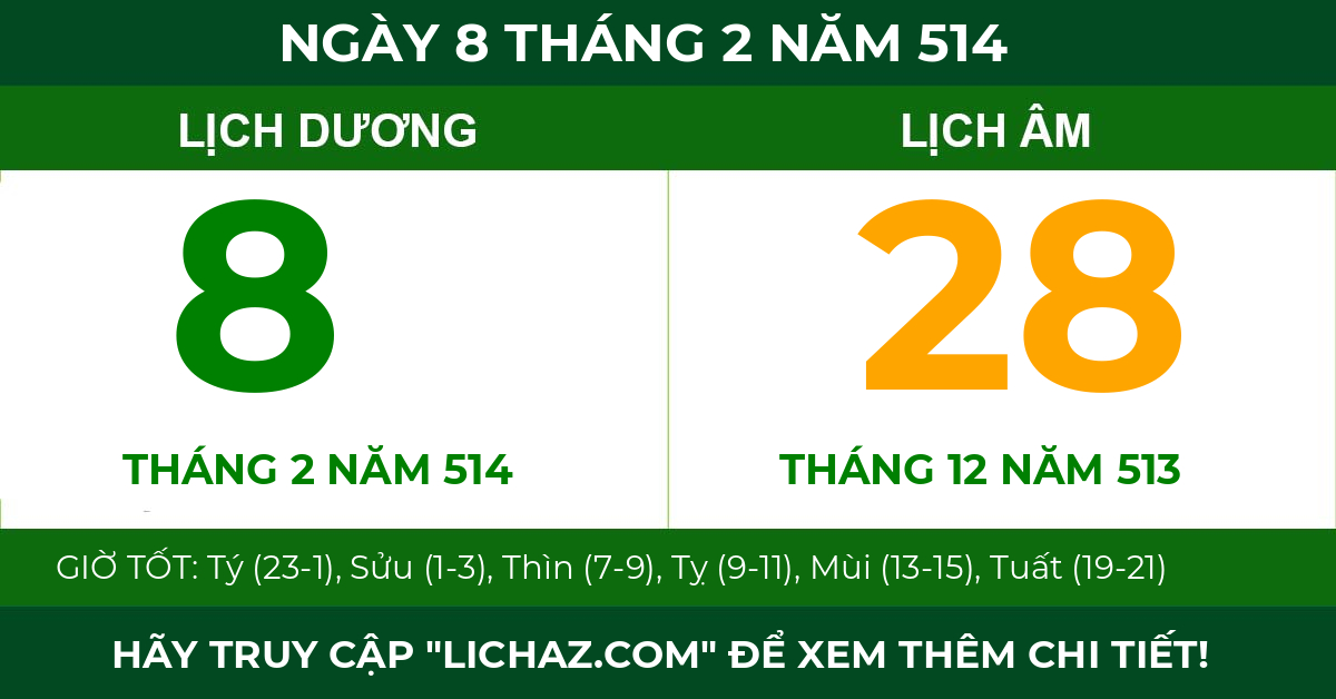 lịch âm ngày 8 tháng 2 năm 514