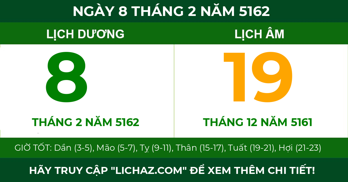 lịch âm ngày 8 tháng 2 năm 5162