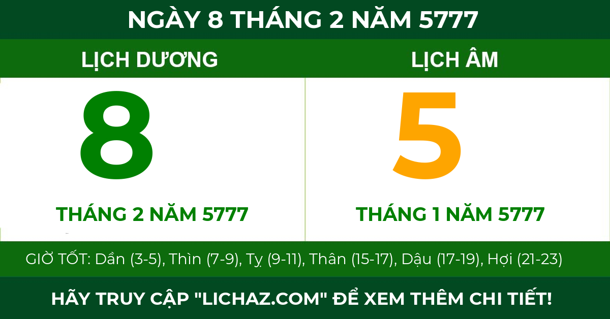 lịch âm ngày 8 tháng 2 năm 5777