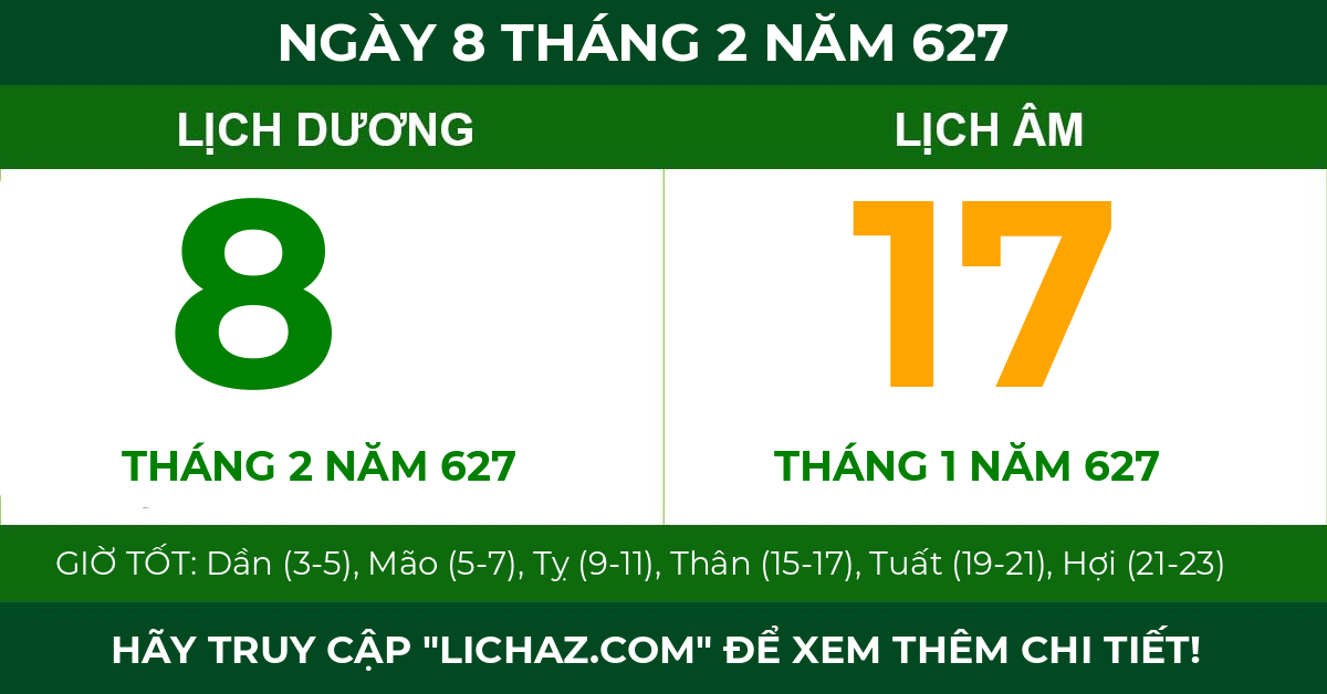 lịch âm ngày 8 tháng 2 năm 627