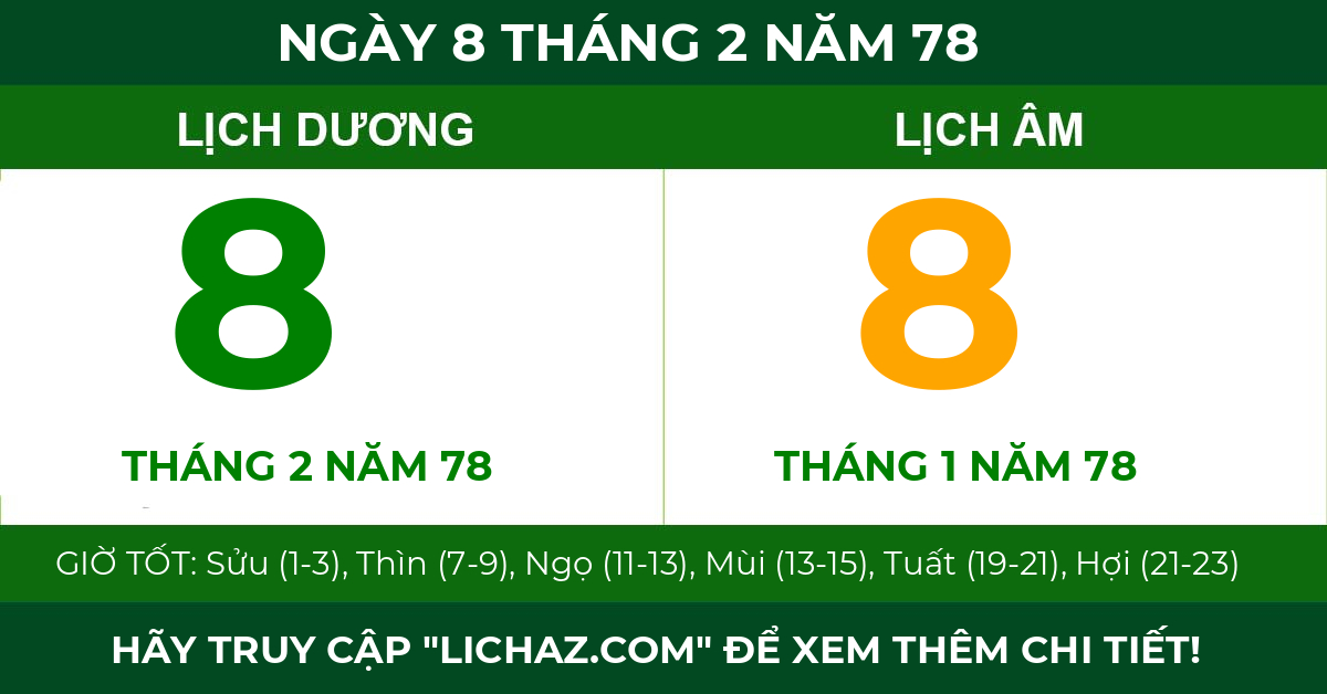 lịch âm ngày 8 tháng 2 năm 78