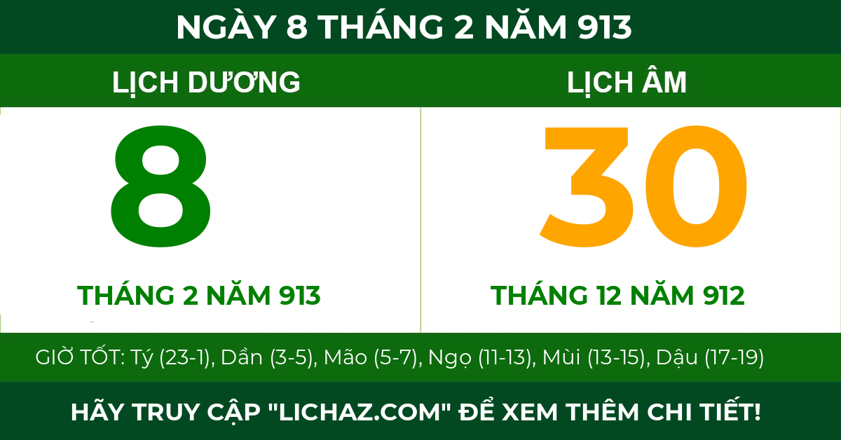lịch âm ngày 8 tháng 2 năm 913