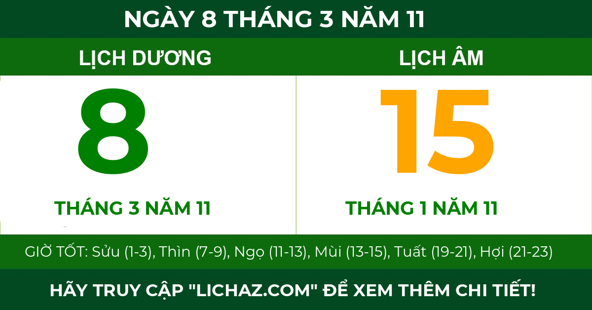 lịch âm ngày 8 tháng 3 năm 11
