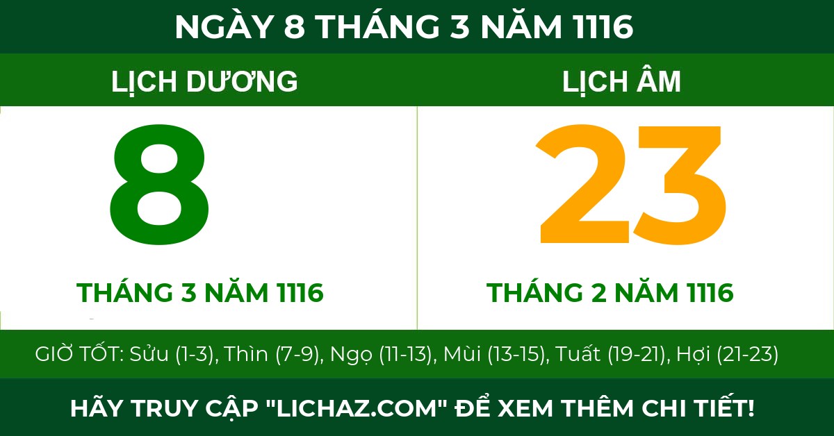 lịch âm ngày 8 tháng 3 năm 1116