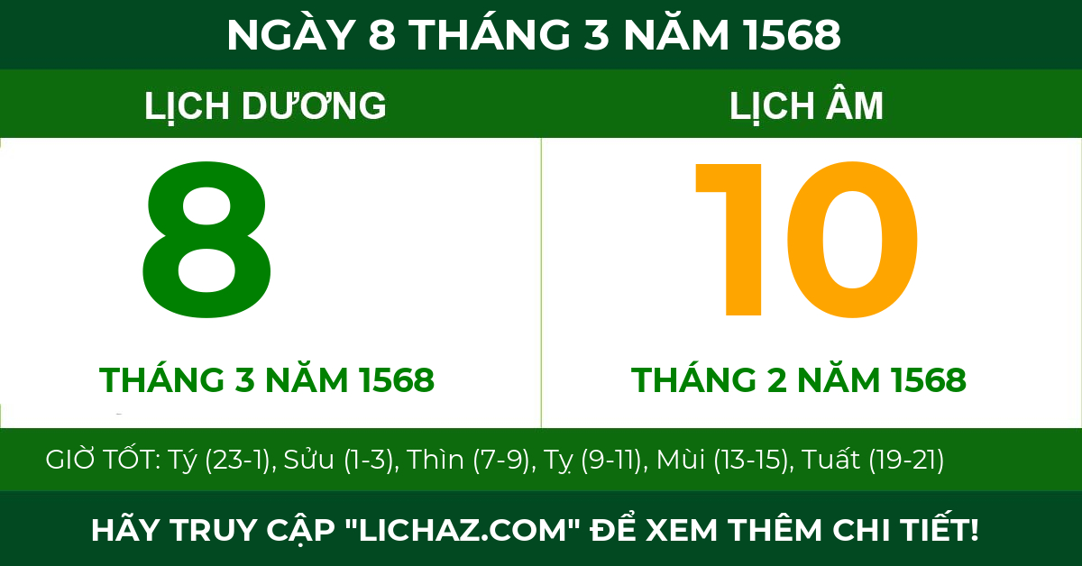 lịch âm ngày 8 tháng 3 năm 1568