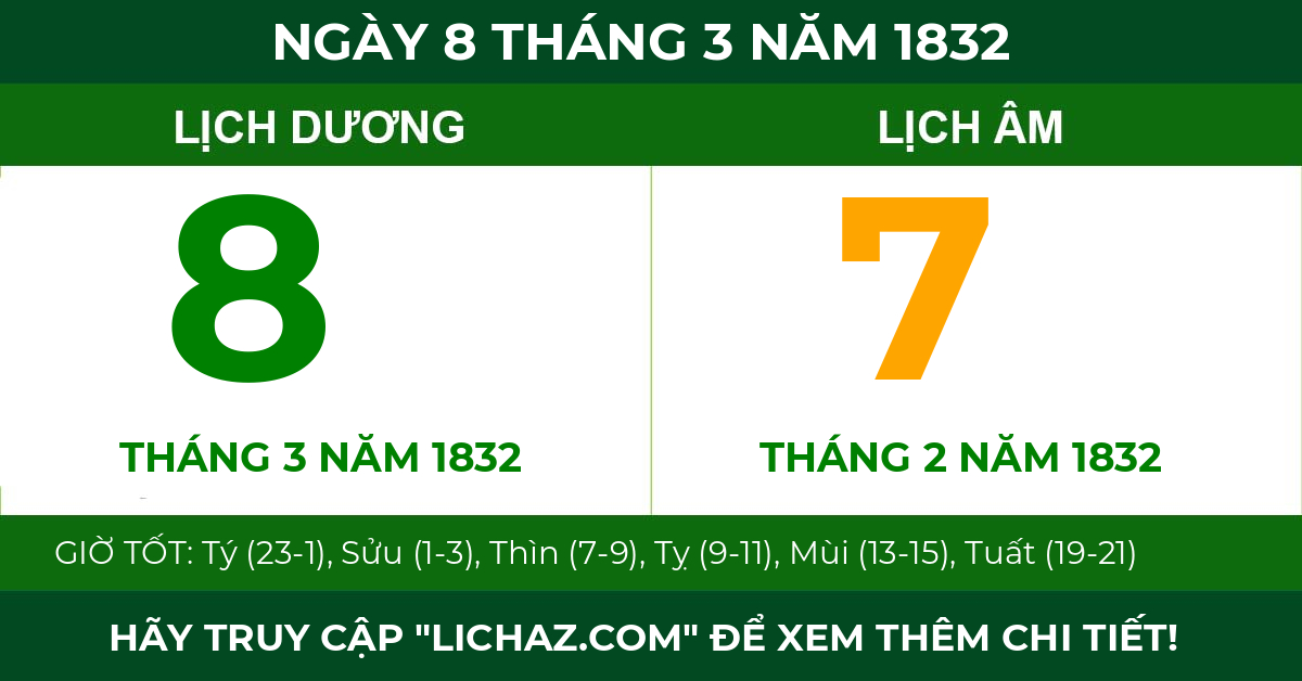 lịch âm ngày 8 tháng 3 năm 1832