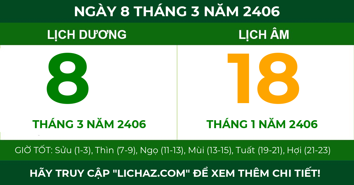 lịch âm ngày 8 tháng 3 năm 2406