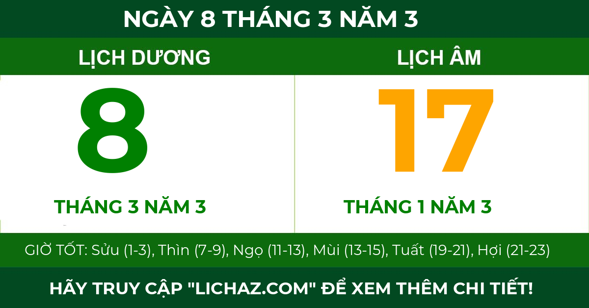lịch âm ngày 8 tháng 3 năm 3