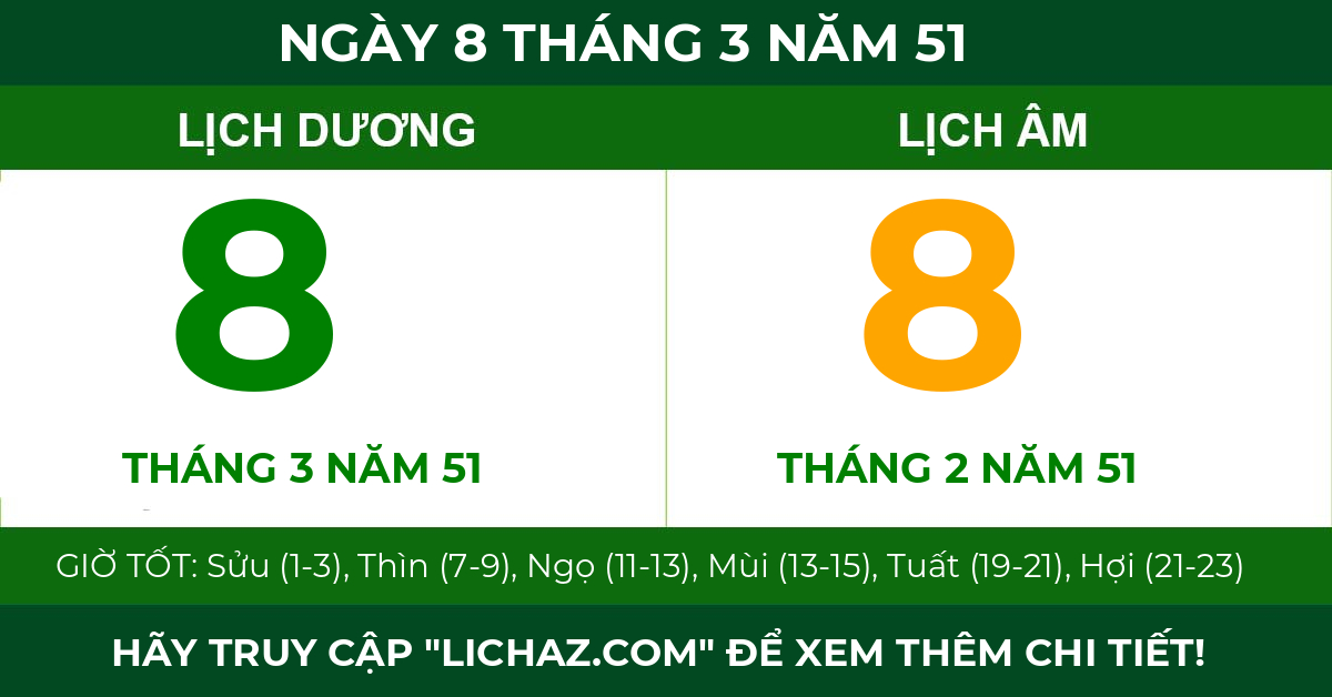 lịch âm ngày 8 tháng 3 năm 51