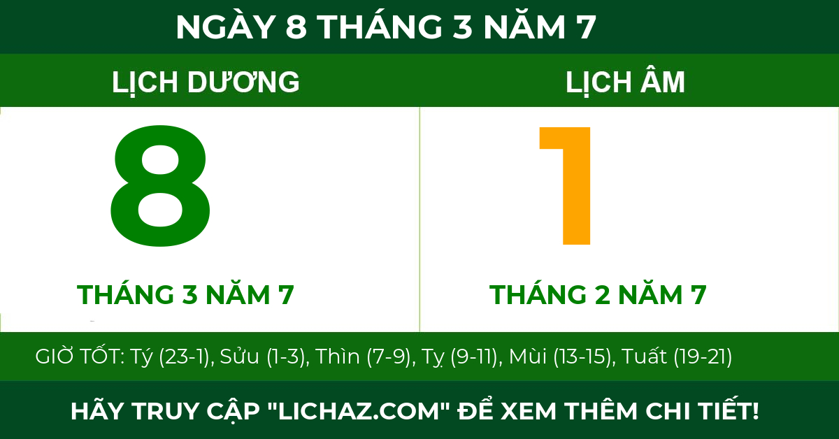 lịch âm ngày 8 tháng 3 năm 7
