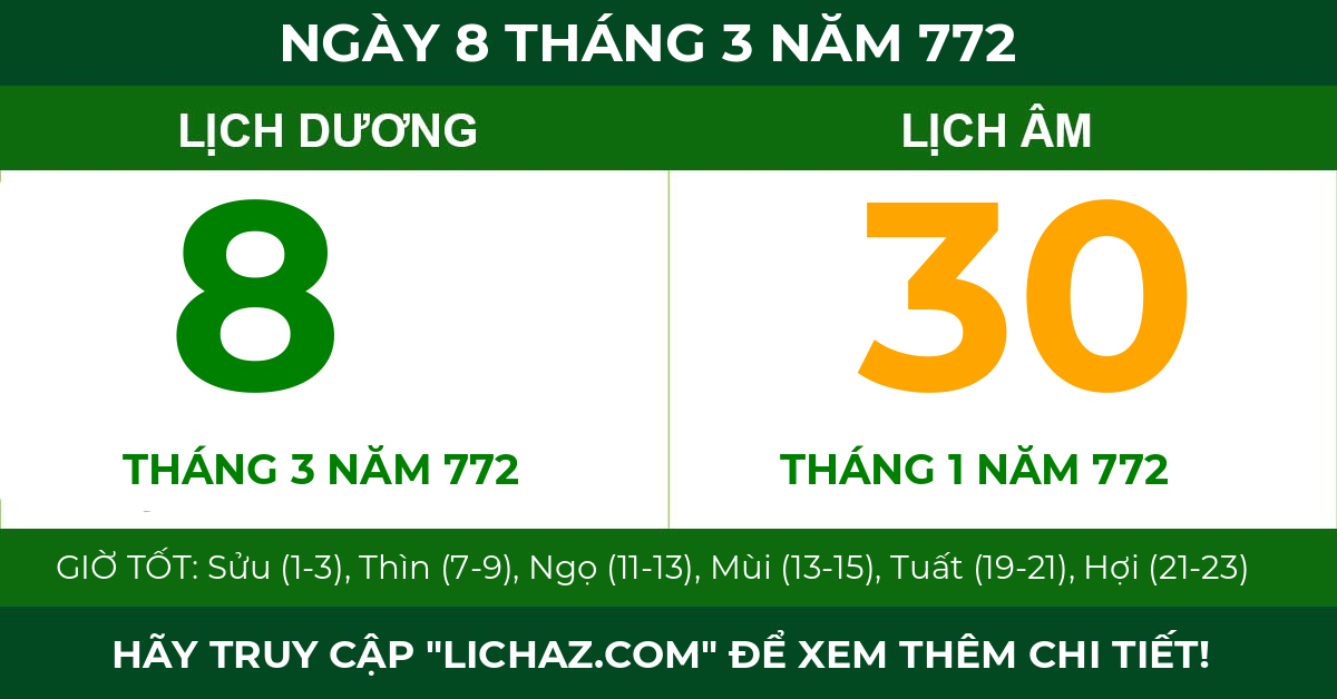 lịch âm ngày 8 tháng 3 năm 772
