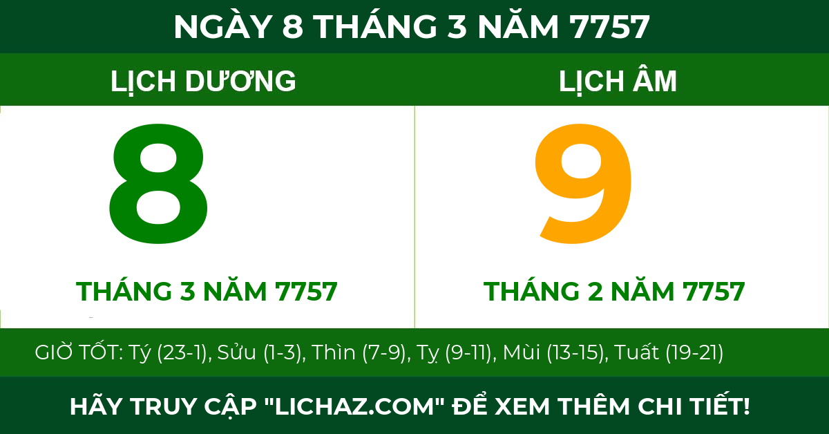 lịch âm ngày 8 tháng 3 năm 7757