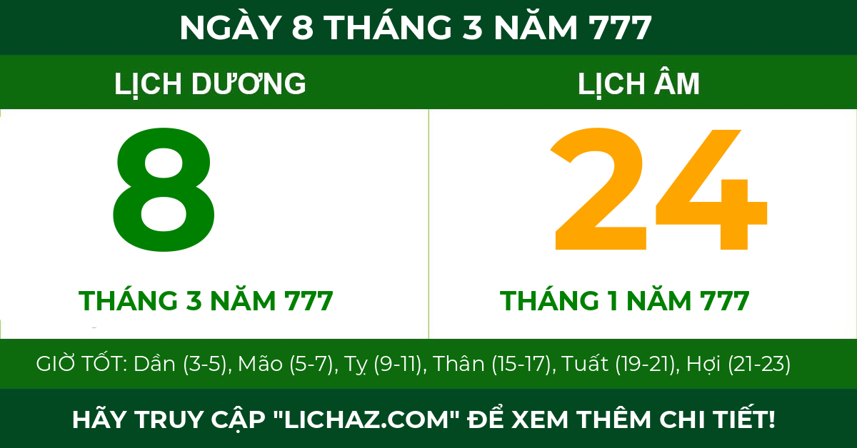 lịch âm ngày 8 tháng 3 năm 777