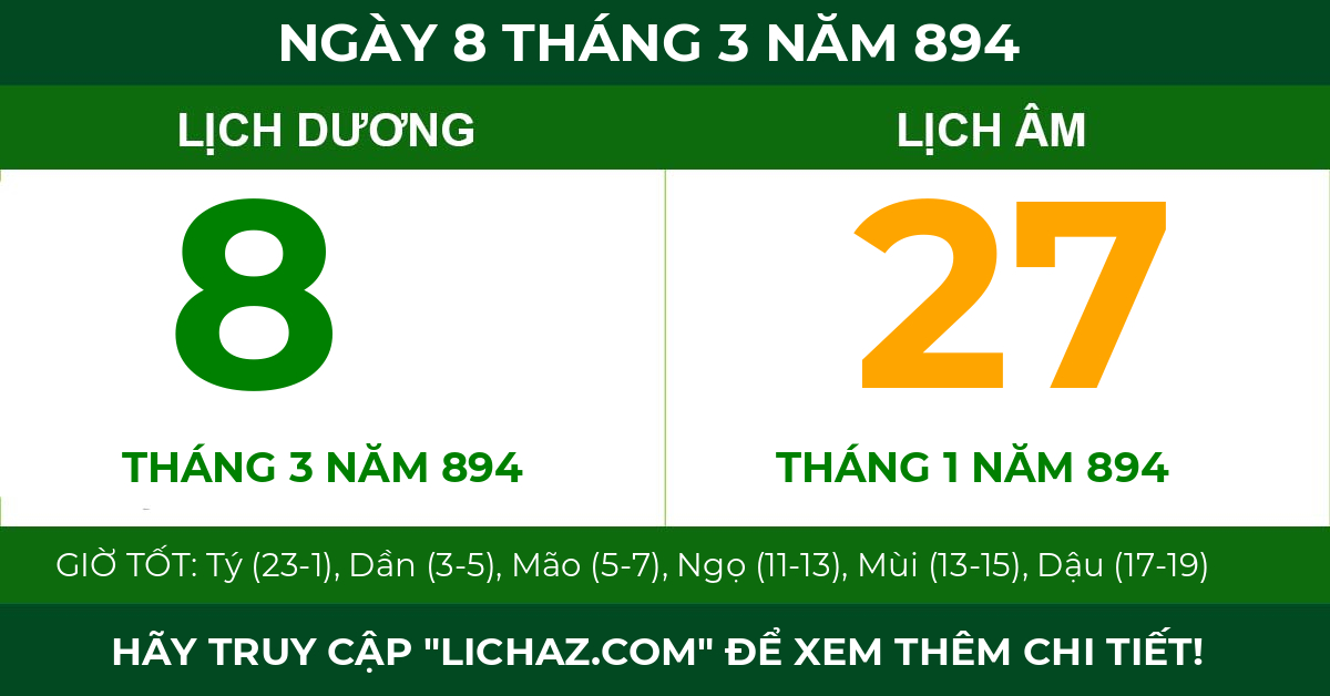 lịch âm ngày 8 tháng 3 năm 894
