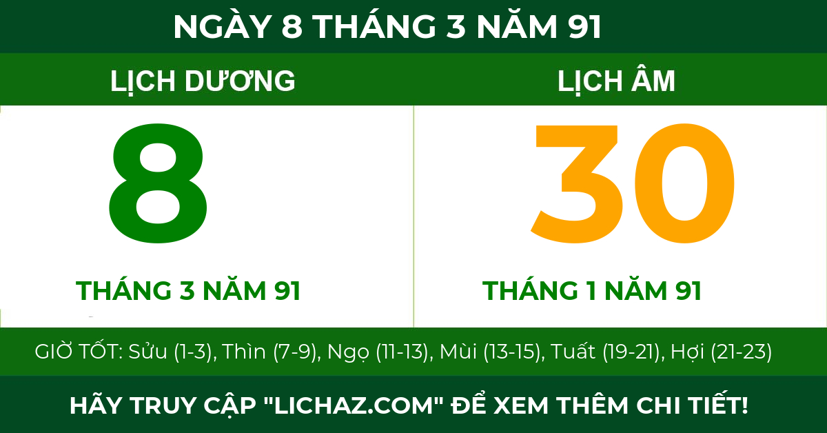 lịch âm ngày 8 tháng 3 năm 91