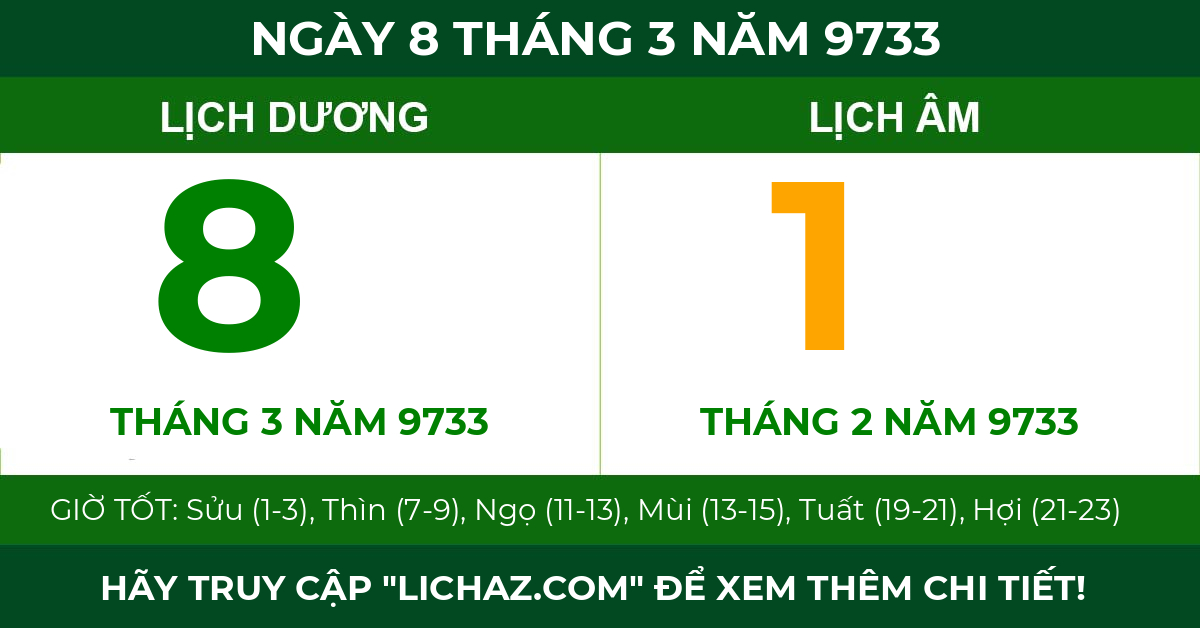 lịch âm ngày 8 tháng 3 năm 9733