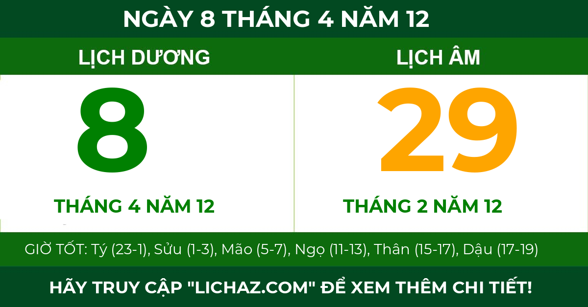 lịch âm ngày 8 tháng 4 năm 12