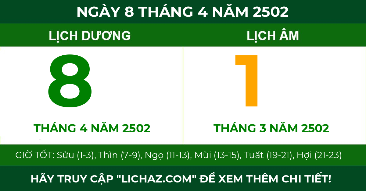 lịch âm ngày 8 tháng 4 năm 2502