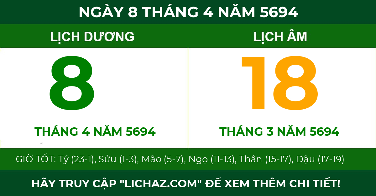 lịch âm ngày 8 tháng 4 năm 5694