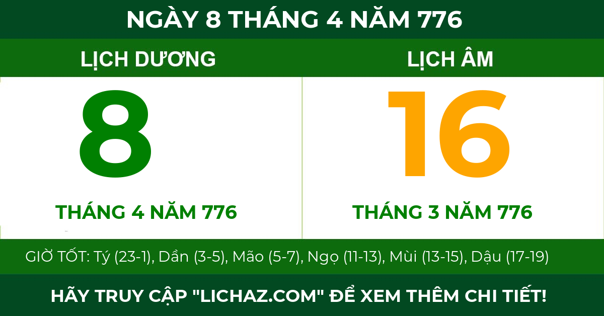 lịch âm ngày 8 tháng 4 năm 776