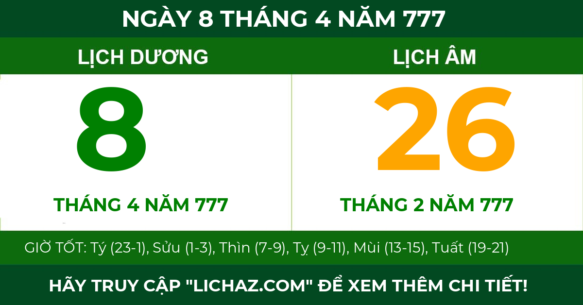 lịch âm ngày 8 tháng 4 năm 777