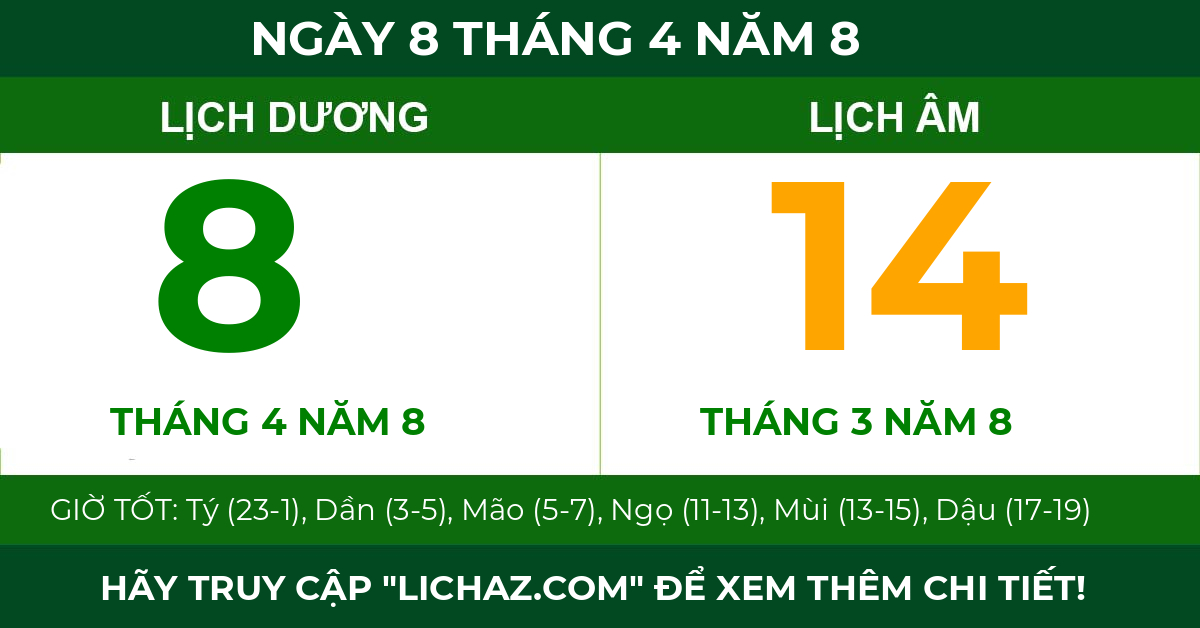 lịch âm ngày 8 tháng 4 năm 8