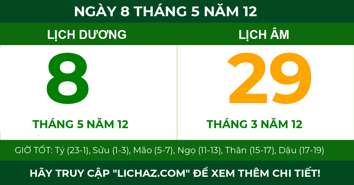 lịch âm ngày 8 tháng 5 năm 12