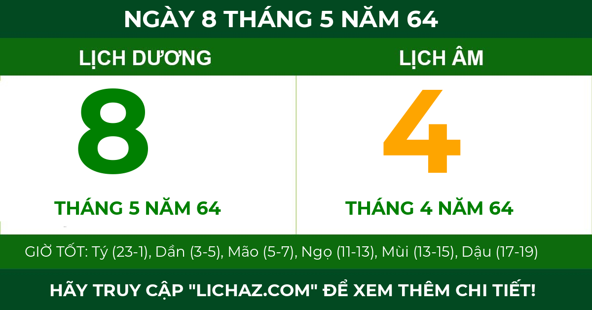 lịch âm ngày 8 tháng 5 năm 64