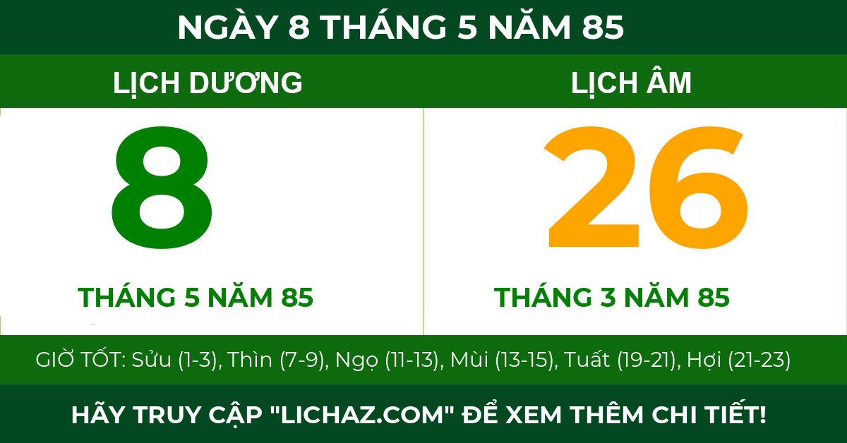 lịch âm ngày 8 tháng 5 năm 85
