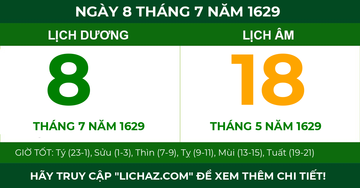 lịch âm ngày 8 tháng 7 năm 1629