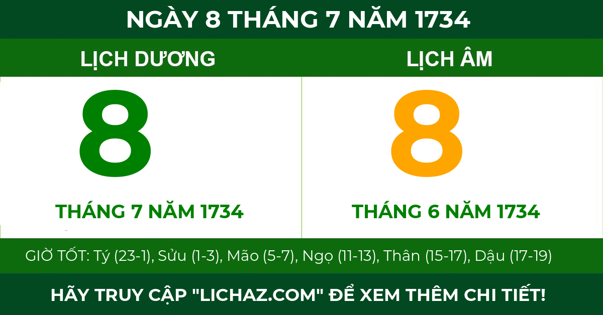 lịch âm ngày 8 tháng 7 năm 1734