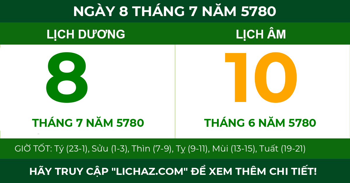 lịch âm ngày 8 tháng 7 năm 5780