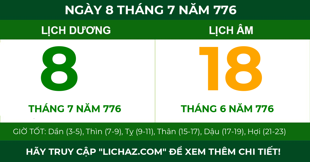 lịch âm ngày 8 tháng 7 năm 776