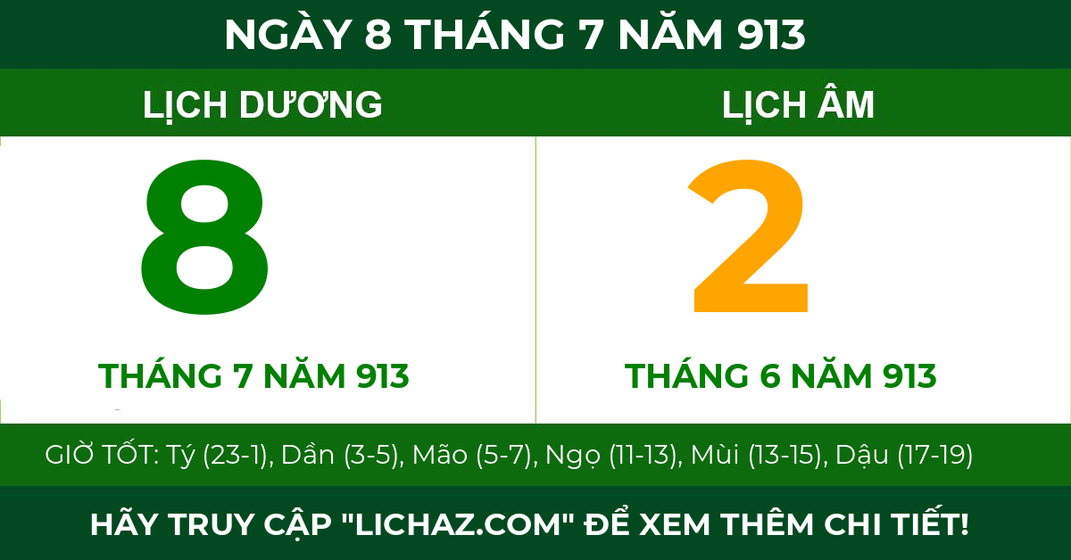 lịch âm ngày 8 tháng 7 năm 913