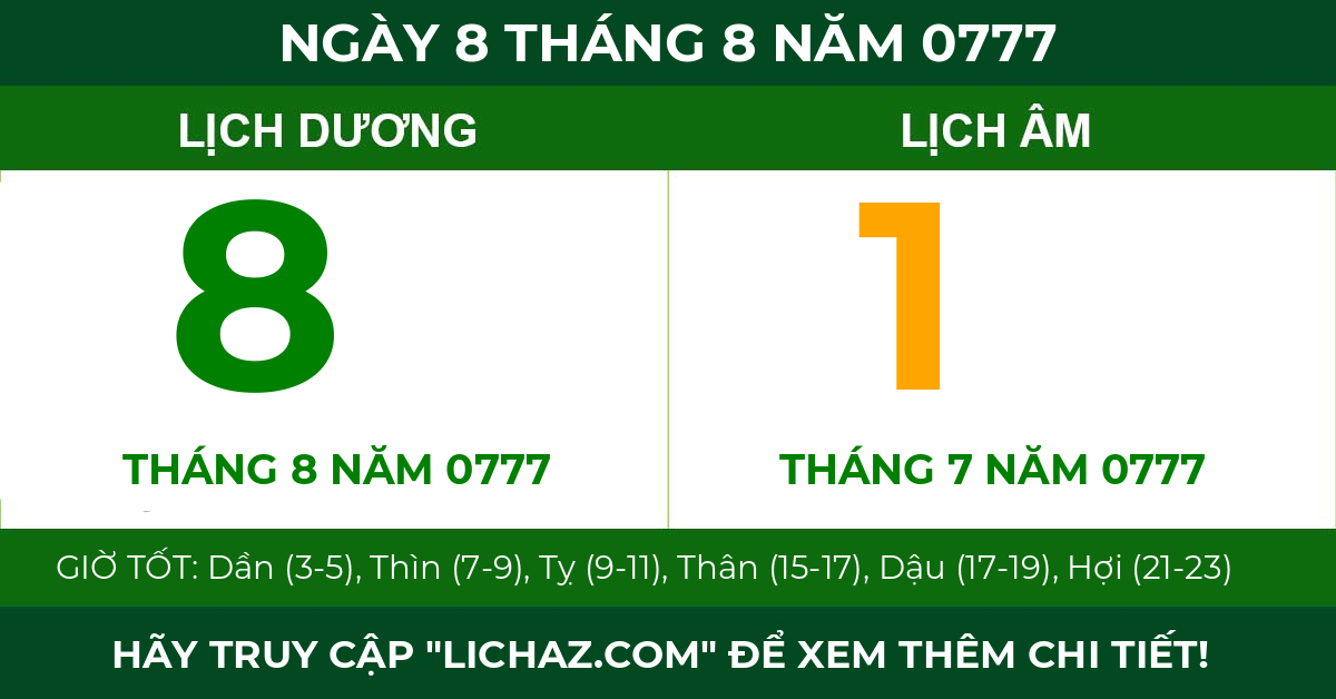 lịch âm ngày 8 tháng 8 năm 0777